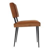 Brown velvet chair with a sleek black metal frame, minimalist design, perfect for modern interiors.