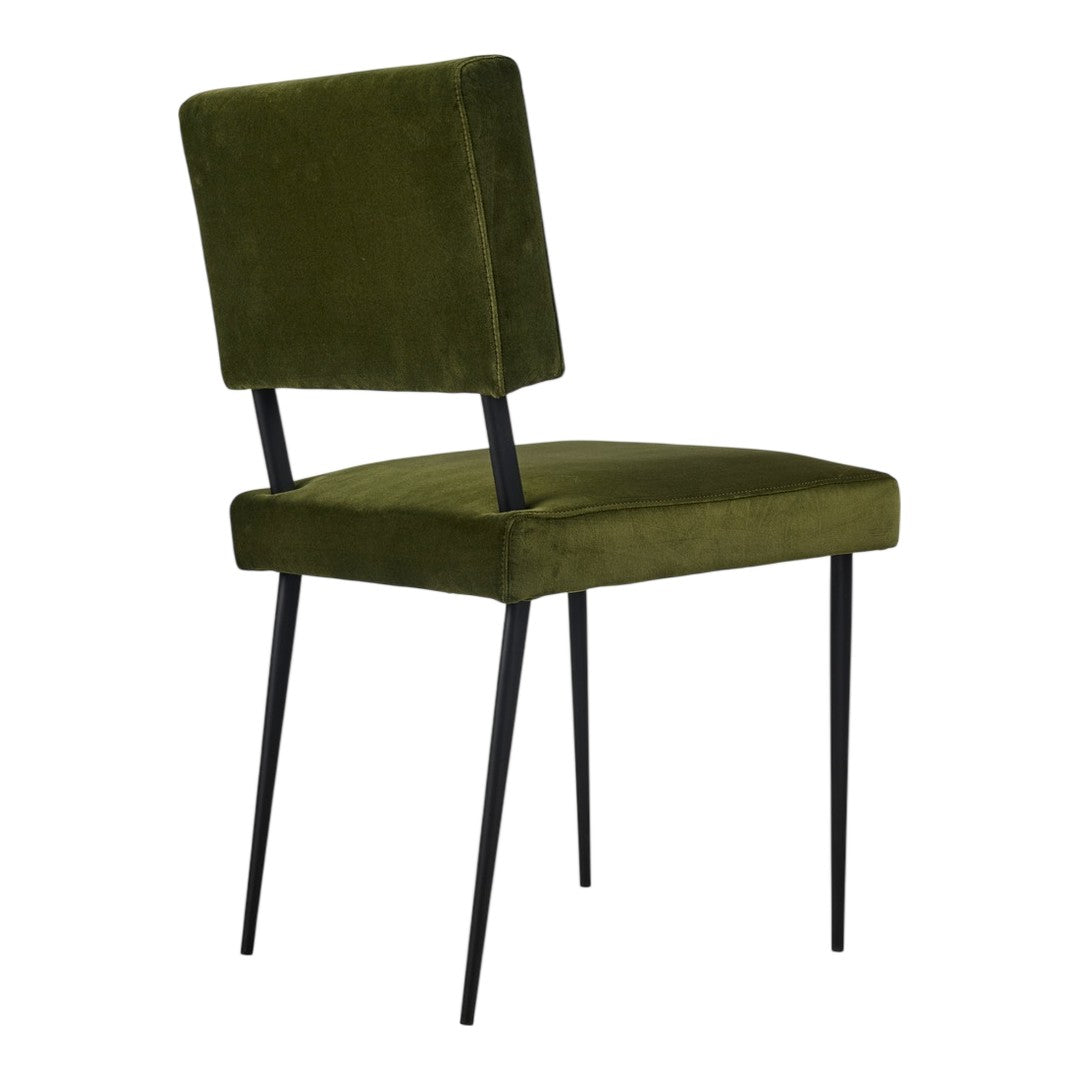 Olive green velvet chair with black metal legs and a minimalist design. Perfect for modern decor.