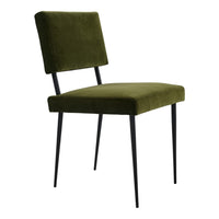 Olive green velvet dining chair with sleek black metal legs and minimalist design. Perfect for modern decor.