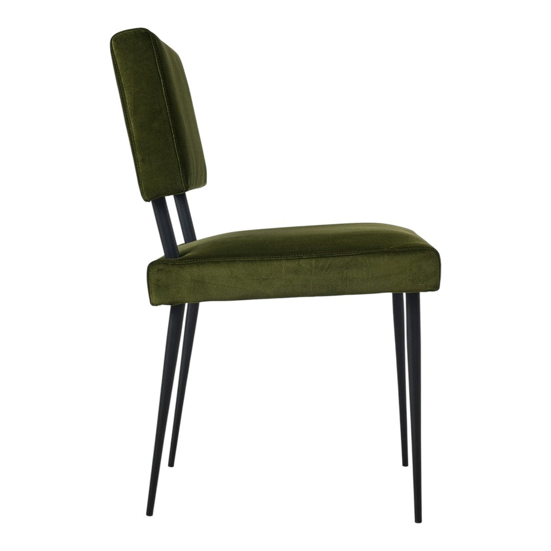 Olive green velvet dining chair with sleek black metal legs, featuring a minimalist design and simple lines.