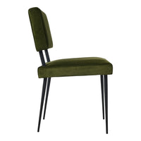 Olive green velvet dining chair with sleek black metal legs, featuring a minimalist design and simple lines.
