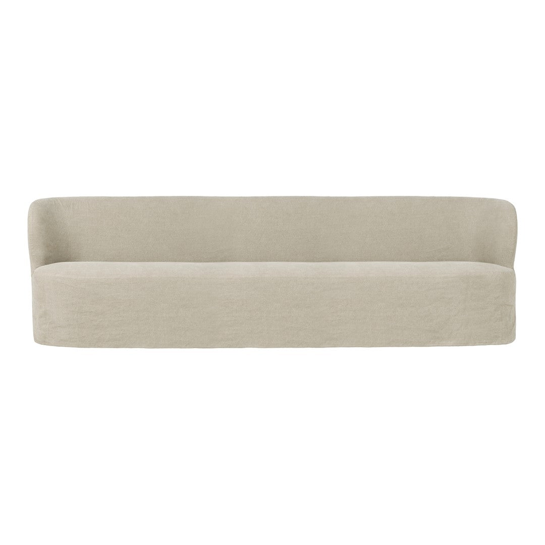 Beige minimalist sofa with a smooth, solid fabric pattern and rounded edges, perfect for modern decor.