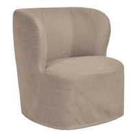 Beige upholstered accent chair with a smooth, minimalist design, featuring soft curves and a seamless finish.