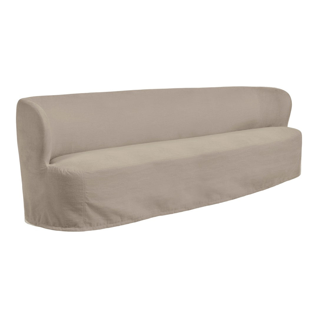 Beige curved sofa with smooth fabric, featuring a minimalist design and no visible patterns. Ideal for modern decor.
