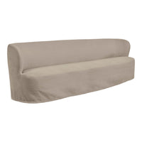 Beige curved sofa with smooth fabric, featuring a minimalist design and no visible patterns. Ideal for modern decor.