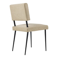 Beige upholstered chair with a textured fabric and sleek black metal legs, offering a modern, minimalist design.