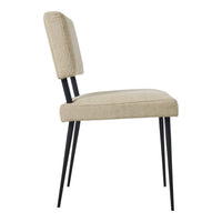 Beige upholstered chair with a sleek black metal frame, featuring a minimalist design and subtle texture.