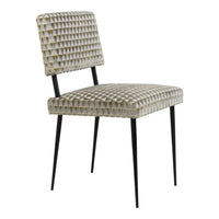 Gray and beige checkered patterned chair with sleek black metal legs. Modern design for versatile decor.