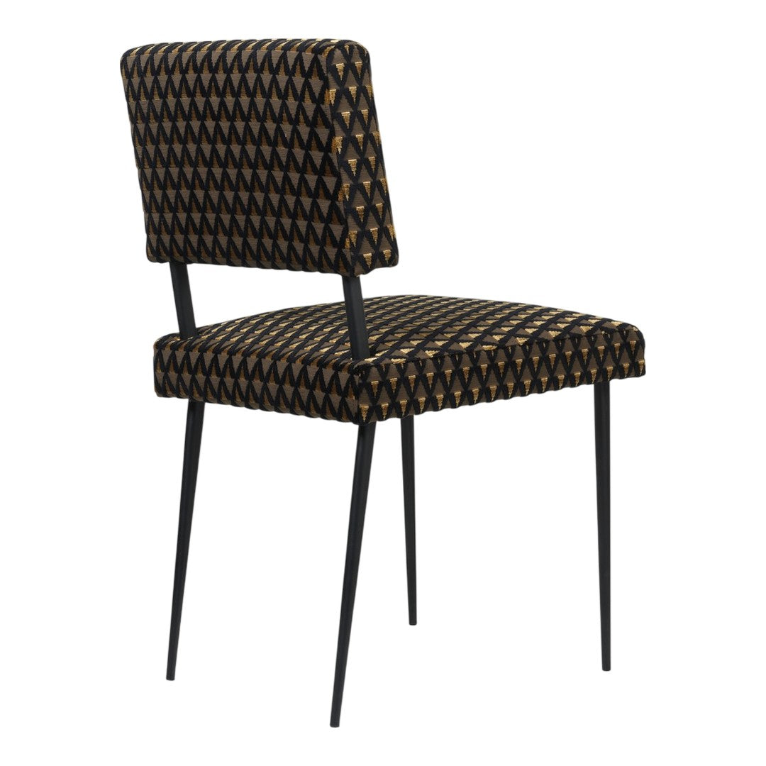 Black and gold geometric patterned dining chair with sleek black metal legs. Perfect for modern decor.