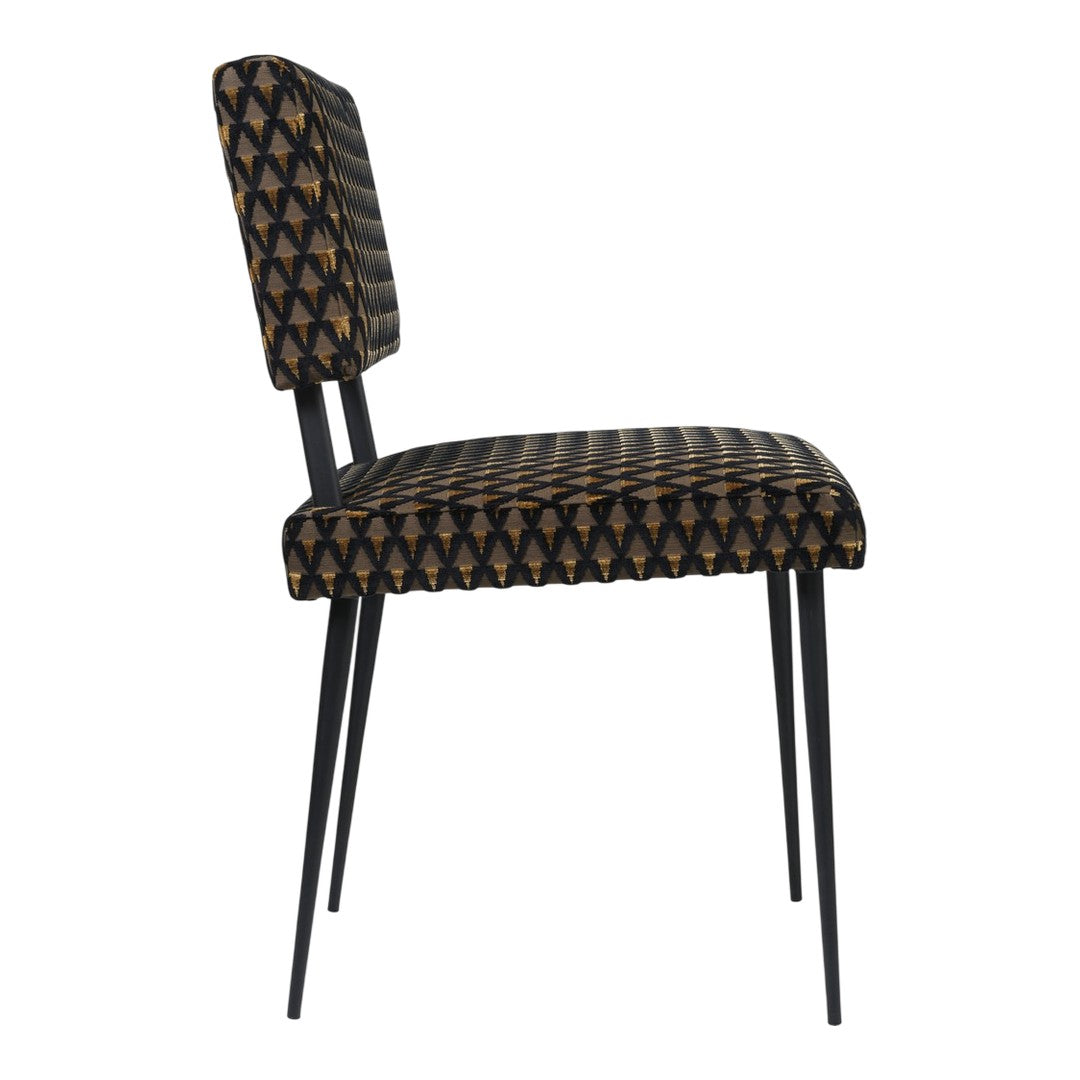 Black and gold patterned chair featuring geometric design and sleek black legs. Ideal for modern decor.