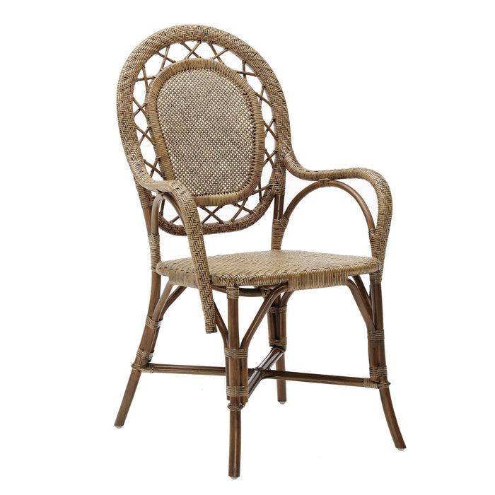 Light brown wicker chair with intricate woven patterns and a rounded backrest design. Ideal for stylish outdoor decor.