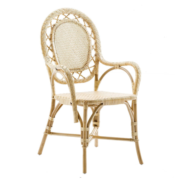 Natural woven rattan chair in light beige with intricate patterns, perfect for any modern decor.
