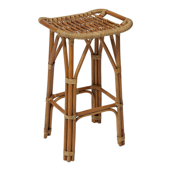 Natural rattan bar stool with a woven seat and light brown finish, showcasing earthy tones and a rustic design.