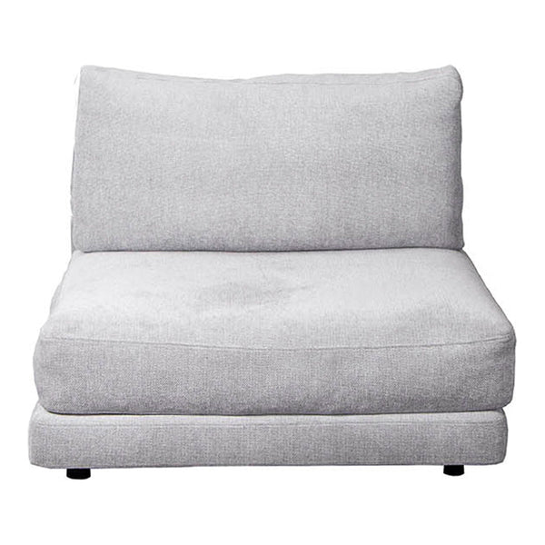Gray upholstered lounge chair with a smooth, textured fabric and minimalist design, perfect for modern decor.