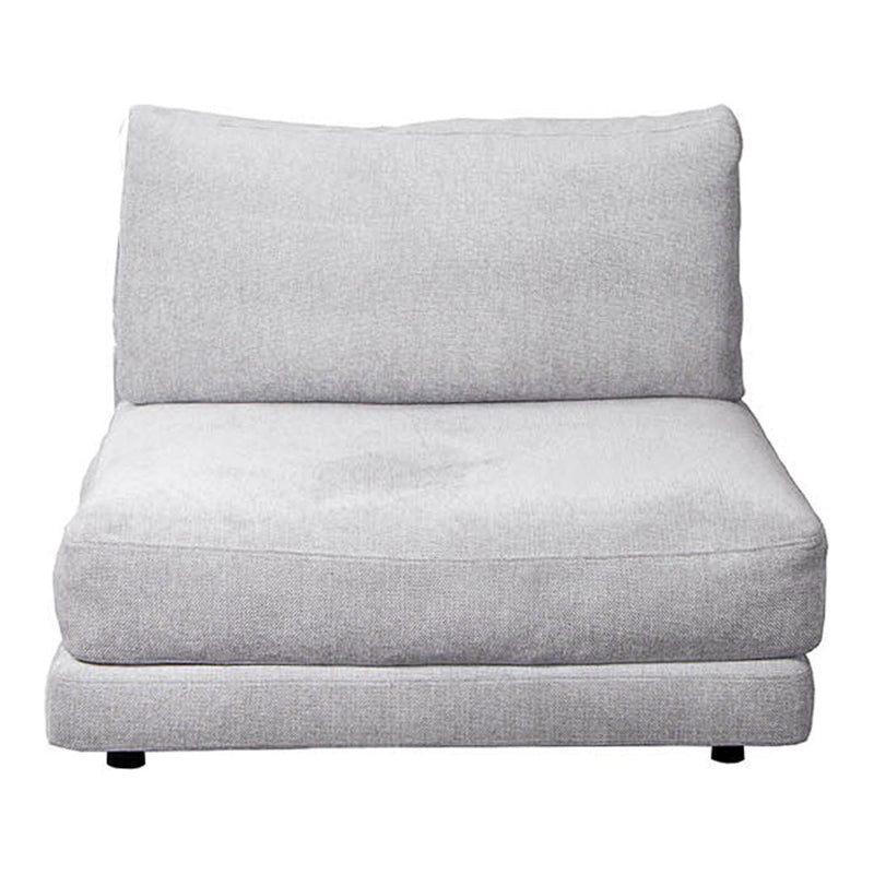 Gray upholstered lounge chair with a smooth, textured fabric and minimalist design, perfect for modern decor.
