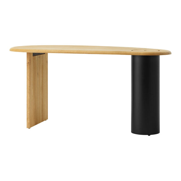 Sleek beige wooden desk with a unique curved shape and a contrasting black cylindrical leg. Modern minimalist design.