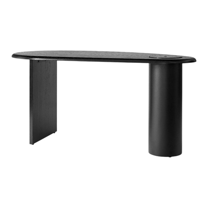 Sleek black oval desk with a smooth surface and minimalist design, featuring a round column leg for stability.