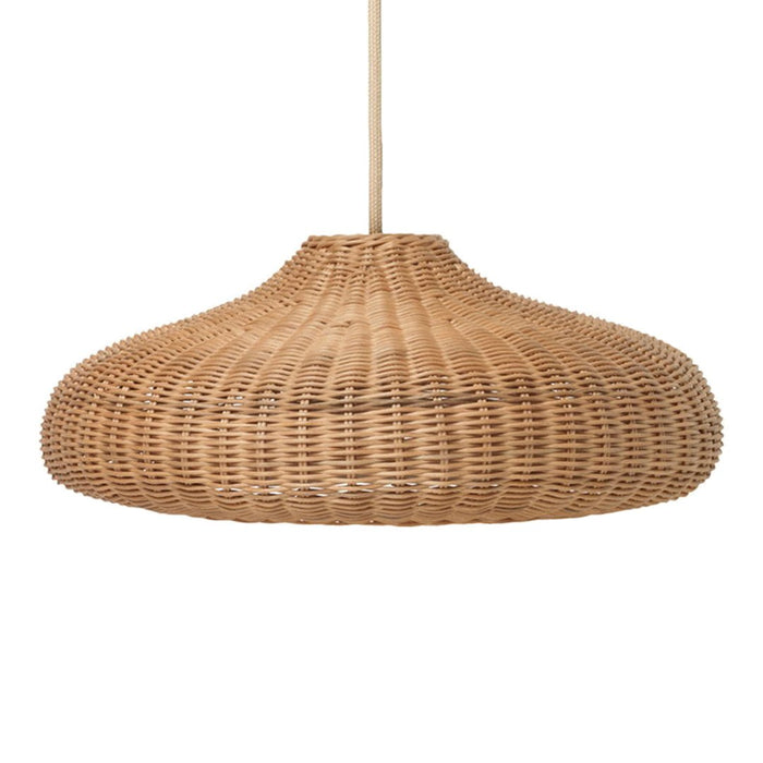 Natural woven rattan pendant lamp in a smooth, round shape, showcasing a warm, light brown hue and intricate texture.