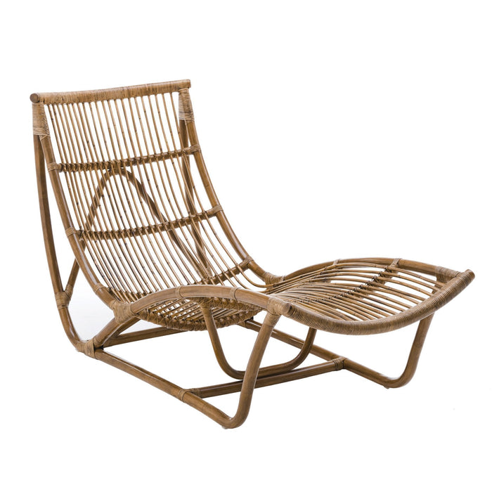 "Natural bamboo lounge chair with a sleek, open design and warm brown tones, perfect for modern decor."