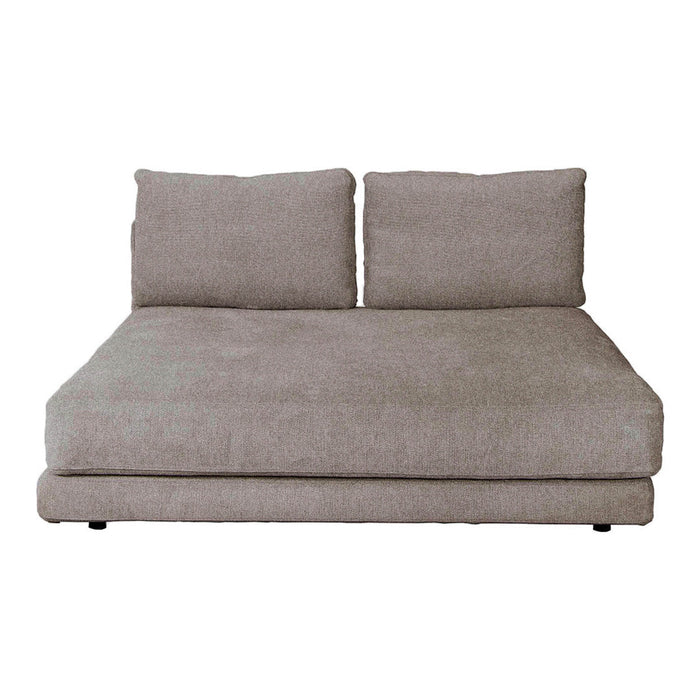 Light gray, textured fabric couch with two plush back cushions, featuring a modern, minimalist design.