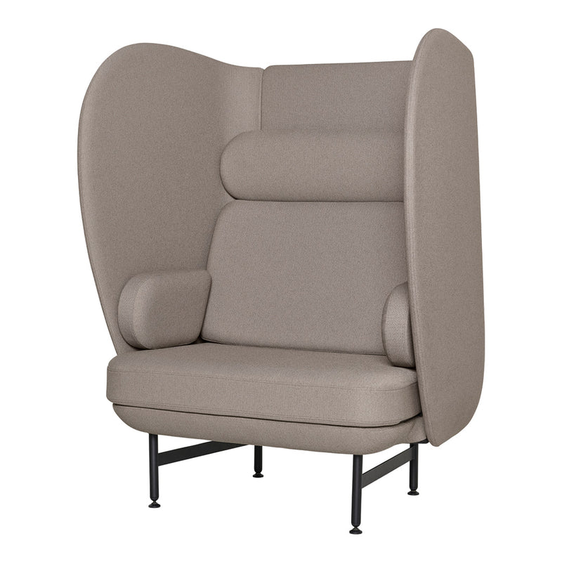Beige upholstered high-back chair with soft curves and minimalist design, featuring a smooth, neutral fabric texture.