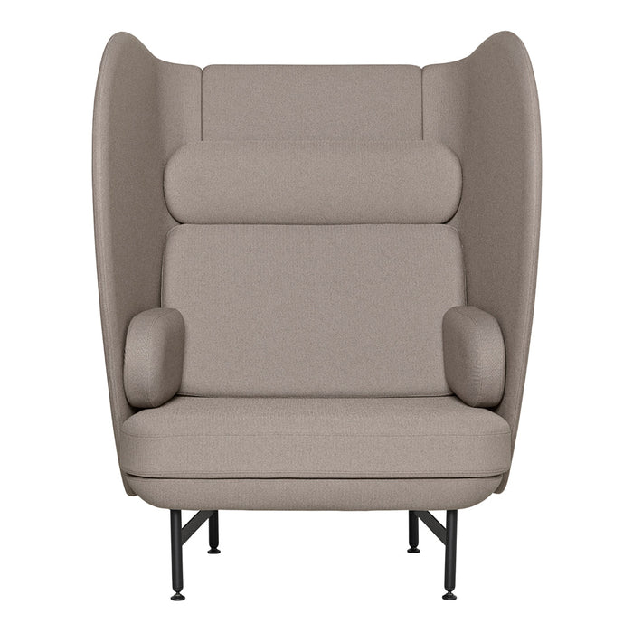 Stylish beige high-back chair with smooth fabric upholstery and minimalist black metal legs. Perfect for modern decor.