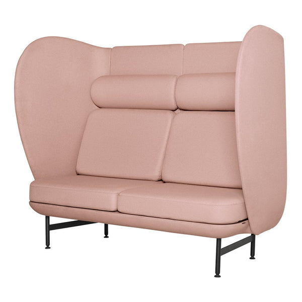 Stylish pink upholstered loveseat with minimalist design and smooth, rounded backrest. Perfect for contemporary decor.