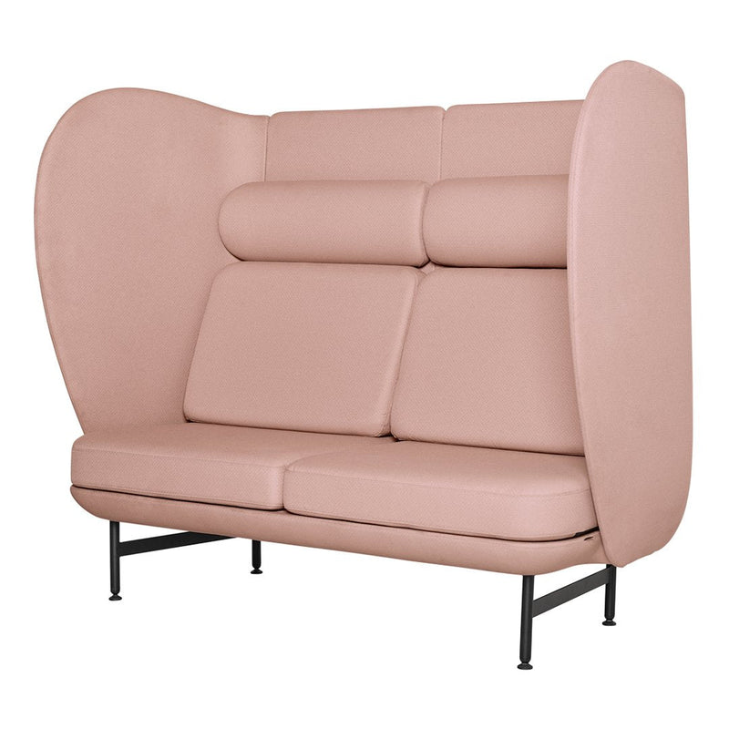 Stylish pink upholstered loveseat with minimalist design and smooth, rounded backrest. Perfect for contemporary decor.