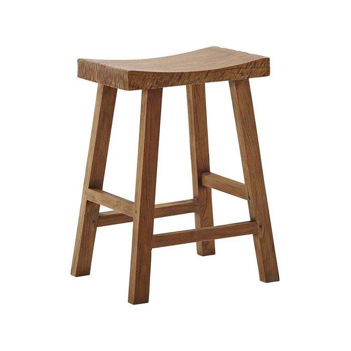 Natural wood bar stool with a rustic finish and smooth, curved seat design. Ideal for stylish, contemporary interiors.