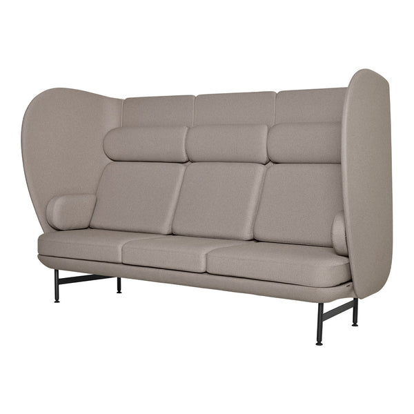 Beige high-back sofa with smooth upholstery and minimalist design, featuring subtle seams and a modern, stylish silhouette.