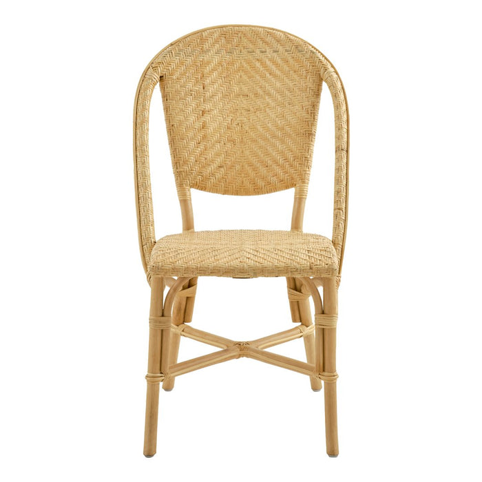 Natural rattan chair featuring a woven texture in light beige with a curved back and sturdy legs.