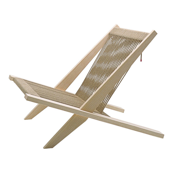 Beige wooden lounge chair with a striped mesh seat design, perfect for outdoor relaxation.