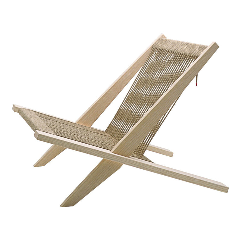 Beige wooden lounge chair with a striped mesh seat design, perfect for outdoor relaxation.