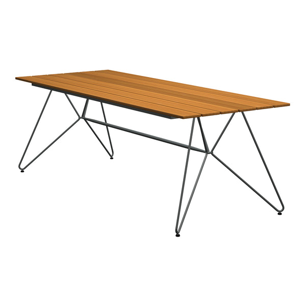 Natural wood-patterned table with a warm brown finish and sleek black metal legs, perfect for modern outdoor decor.