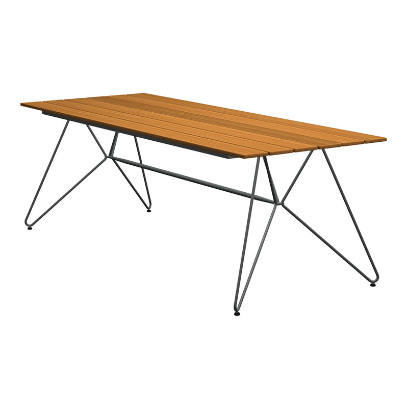 Natural wood-patterned table with a warm brown finish and sleek black metal legs, perfect for modern outdoor decor.