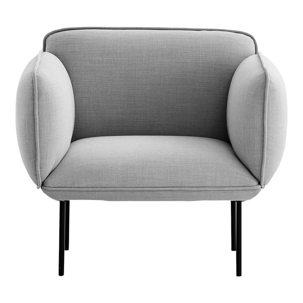 Gray upholstered armchair with smooth, rounded arms and black metal legs. Modern and minimalist design.