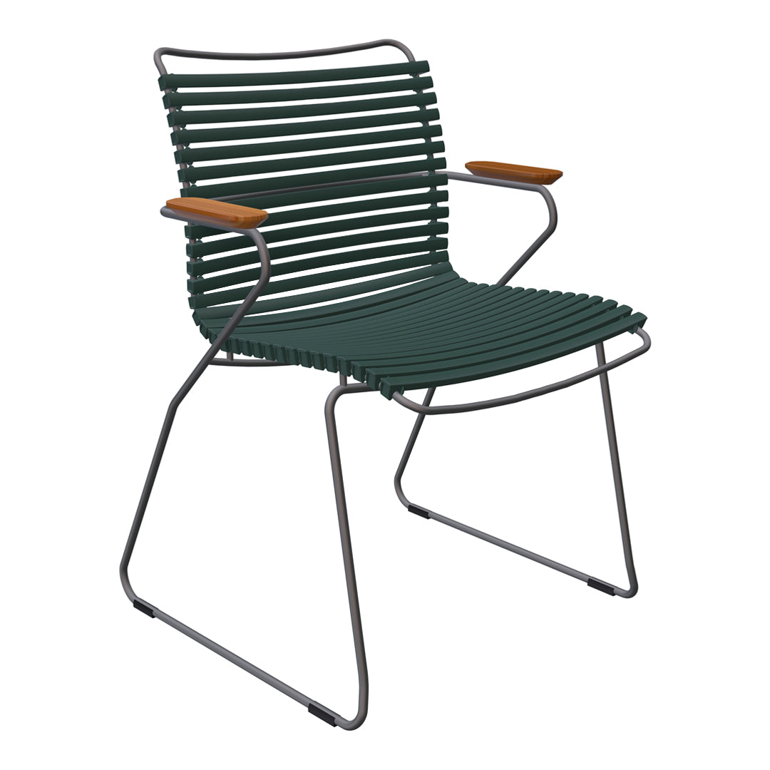 Green striped chair with wooden armrests, featuring a modern minimalist design and sleek metal frame.