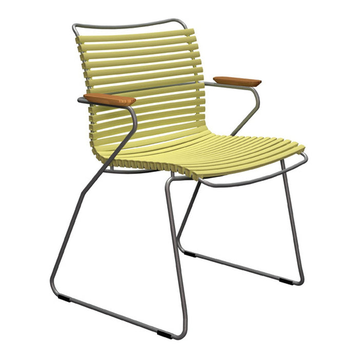 Yellow striped chair with wooden armrests and a sleek metal frame, perfect for modern outdoor or indoor spaces.