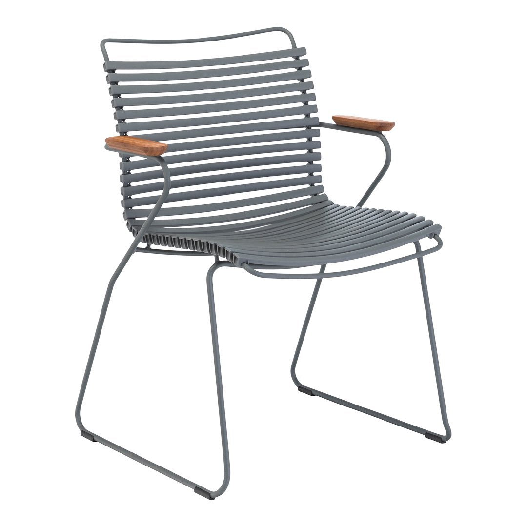 Gray striped chair with wooden armrests, showcasing a modern, minimalist design. Perfect for contemporary decor.