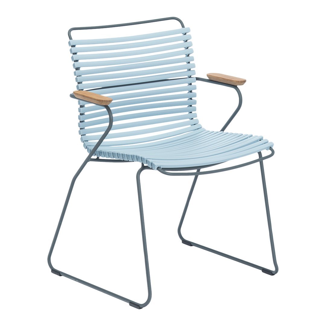 Light blue striped chair with wooden armrests, featuring a modern design and sleek metal frame. Perfect for outdoor seating.