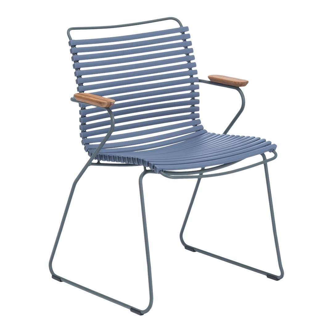 Blue striped chair with wooden armrests, featuring a modern and sleek design perfect for outdoor or indoor settings.