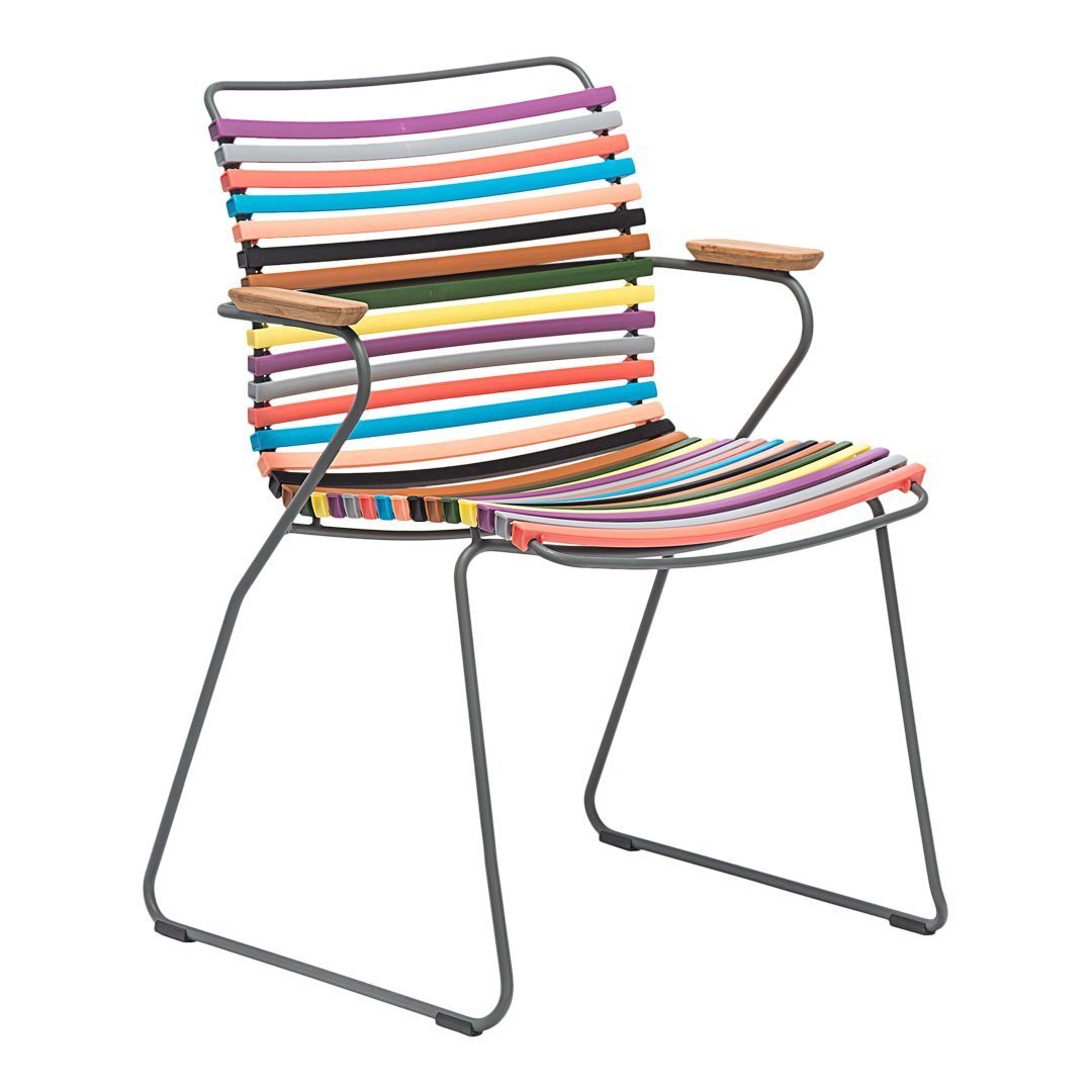 Colorful striped chair featuring vibrant hues of pink, orange, green, and blue with a modern metal frame.