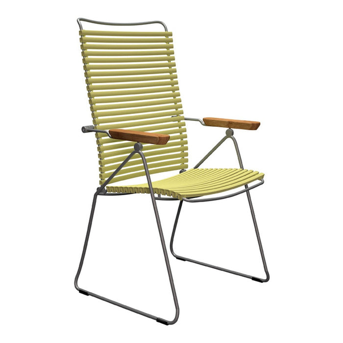 Yellow striped outdoor chair with sleek metal frame and wooden armrests, perfect for stylish patio decor.