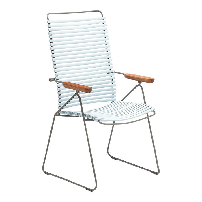 Light blue striped chair with natural wooden armrests, featuring a modern, minimalist design. Perfect for outdoor settings.