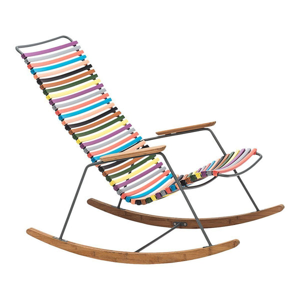 Colorful striped rocking chair with vibrant hues of pink, blue, green, and orange against a sleek metal frame.