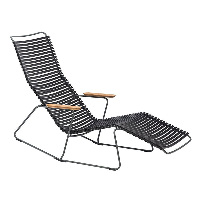 Black and wooden lounge chair featuring a sleek, striped design and modern silhouette. Perfect for stylish outdoor relaxation.