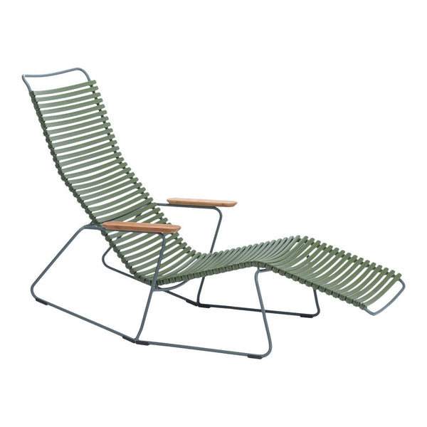 Green striped lounge chair with a modern design and wooden armrests, perfect for outdoor relaxation.