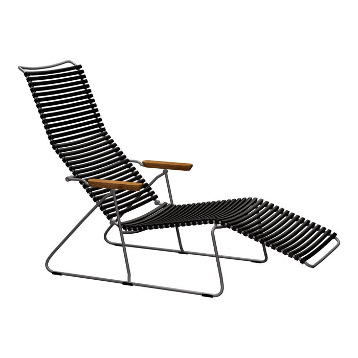 Black and wood striped lounge chair with sleek lines and modern design, perfect for outdoor relaxation.