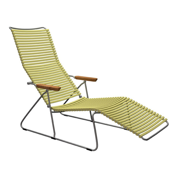 Yellow striped lounge chair with wood accents and a sleek metal frame, perfect for outdoor relaxation.