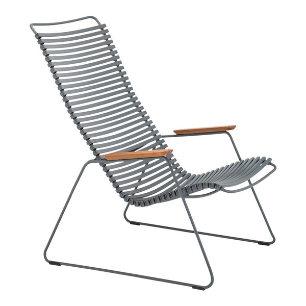 Gray-striped lounge chair with natural wood armrests, showcasing a sleek, modern design. Perfect for outdoor relaxation.